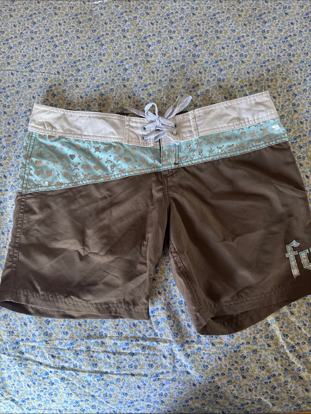Fox Brown and Light Blue Patterned Women's Swim Shorts